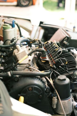 Close-up view of a car engine with visible components