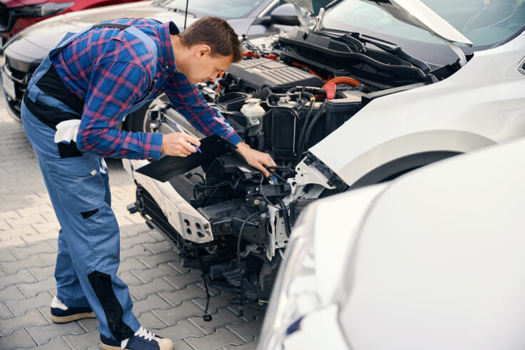 Man inspecting vehicle during examination